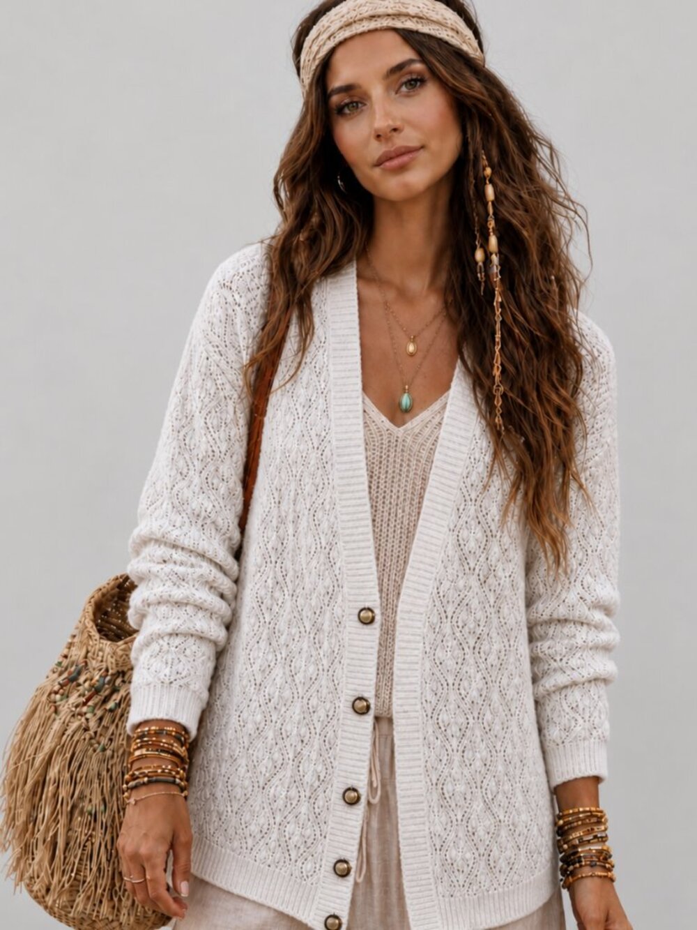 Vintage Mid-weight Crisp white open knit cardigan, oversized